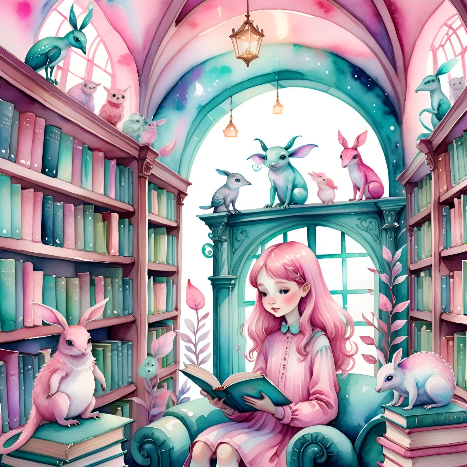 Whimsical Library with Curious Human and Cute Creatures