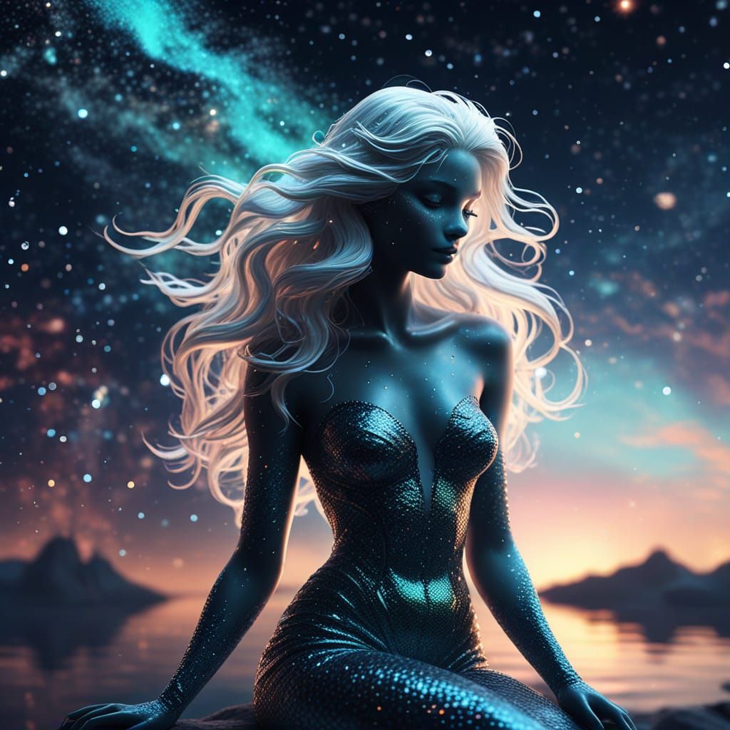Luminous Mermaid in Cosmic Fantasy Landscape