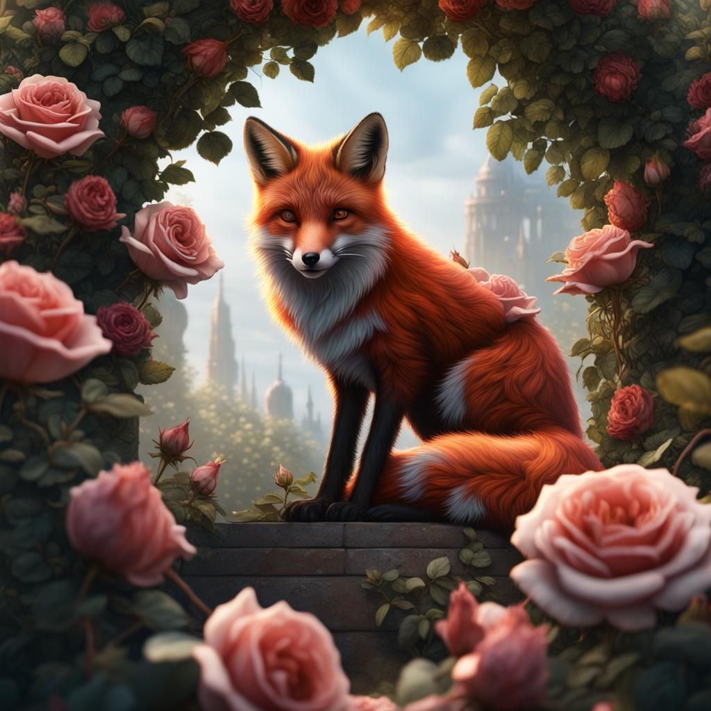 Fox in Rose Bush: Detailed Fantasy Concept Art
