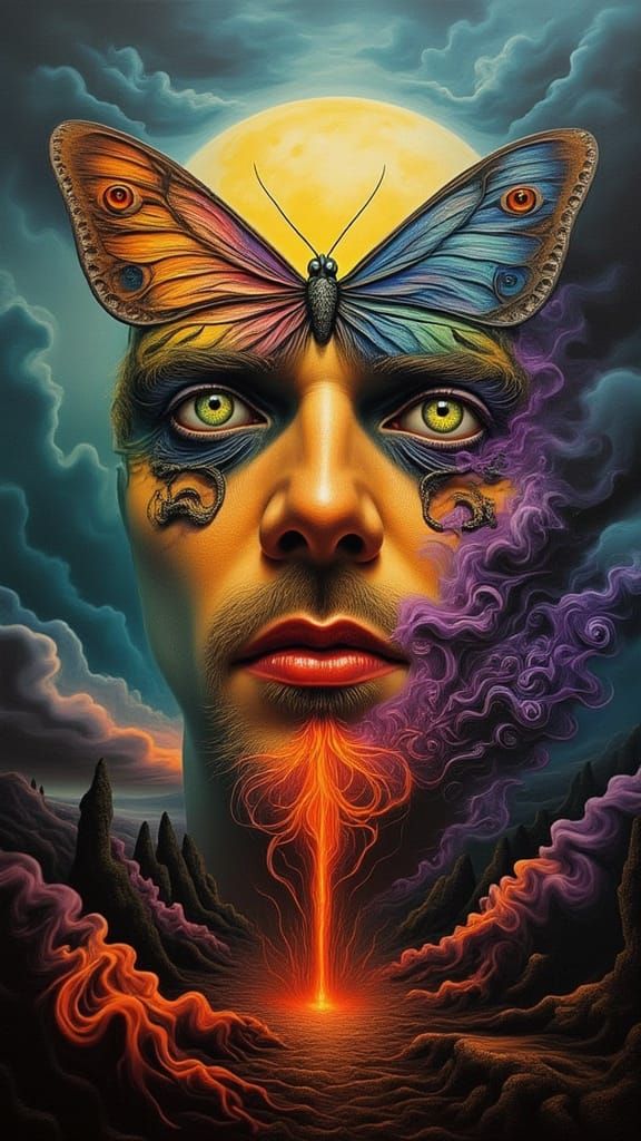 Surreal Xenomorph Butterfly-Man in Billowing Smoke