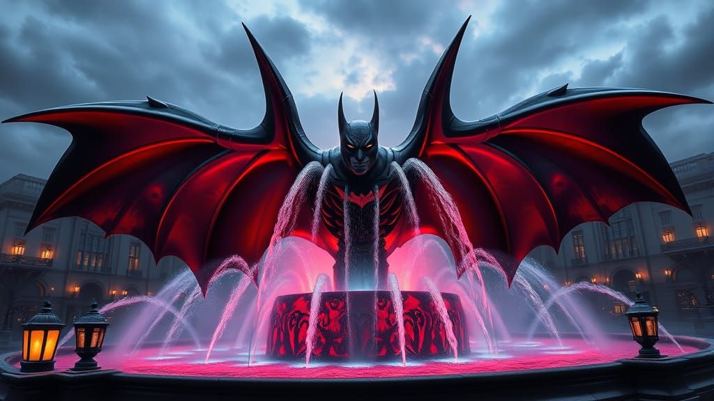 Eerie Bat Fountain in Gotham, Comic Book Art