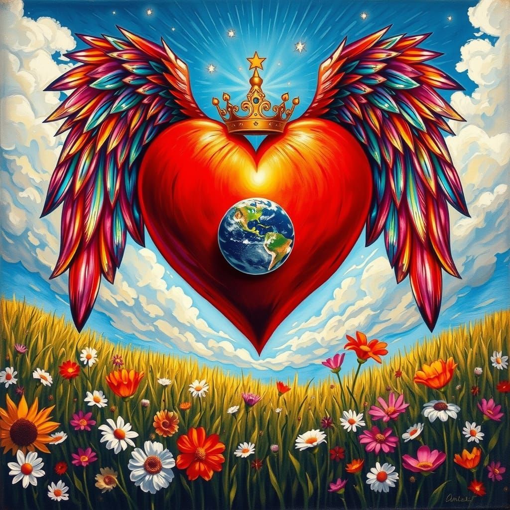 Neo-Impressionist Heart with Iridescent Wings
