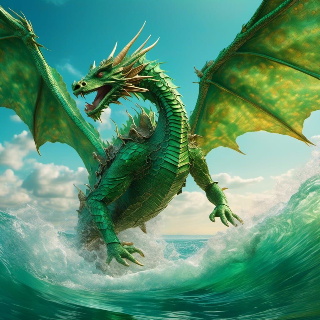 Green Dragon Diving for Fish in Hyperreal Style