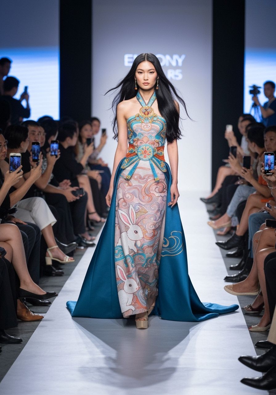Asian Model Showcases Chinese and Rabbit-Themed Fashion