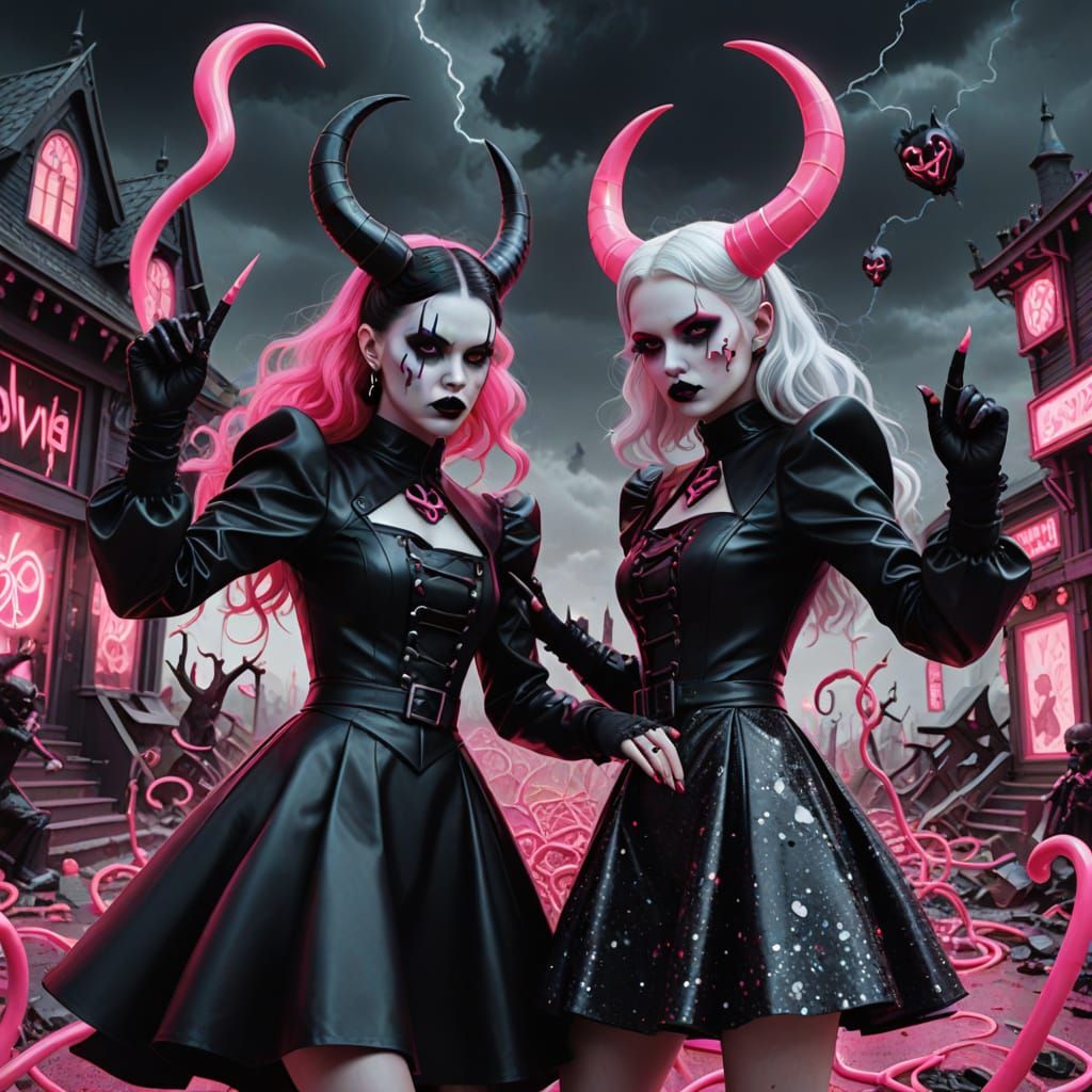 Digital art. a frenetic dance battle between two goth women....