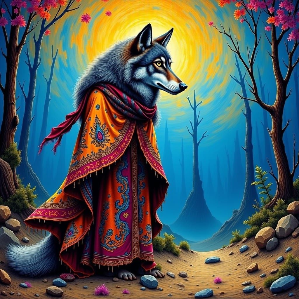Mystical Gypsy Wolf in Moonlit Forest