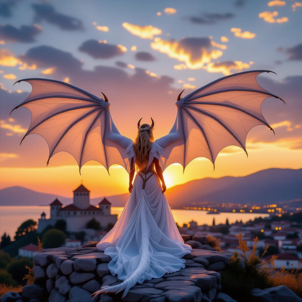 Majestic Dragon Overlooking Ohrid Fortress at Sunset