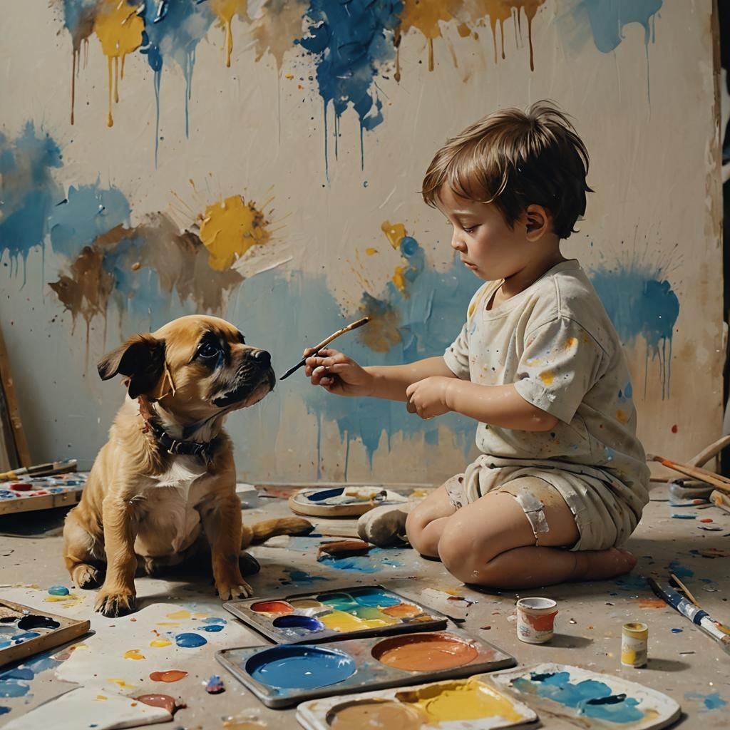 Vibrant Baby Artist Paints Dog in Cinematic Oil Painting