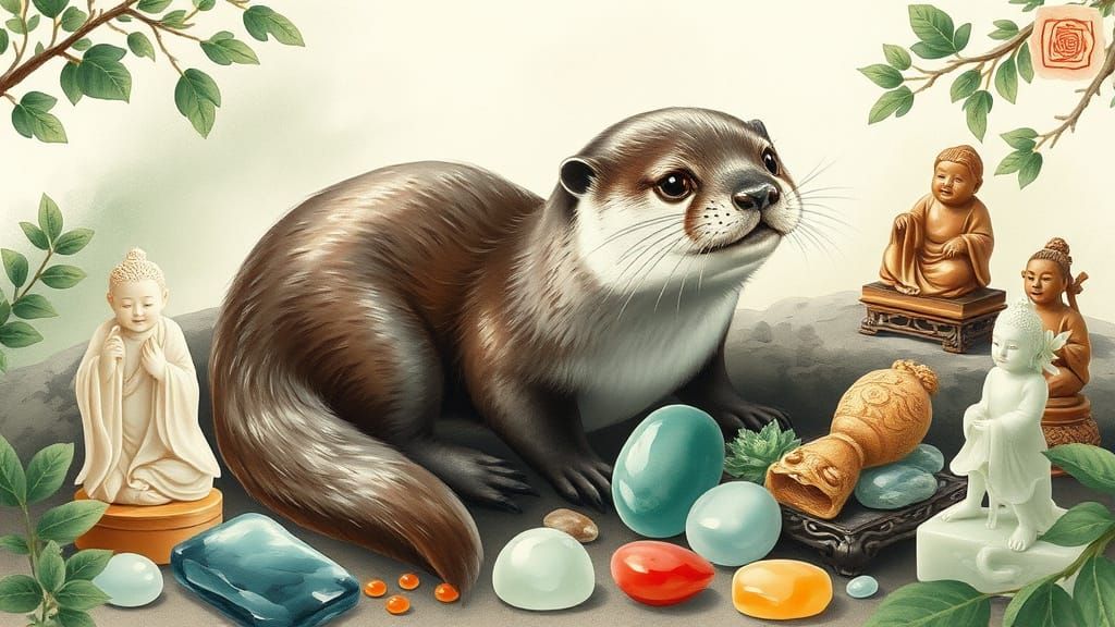 Serene Otter Amidst Jade Treasures in Traditional Chinese Wa...