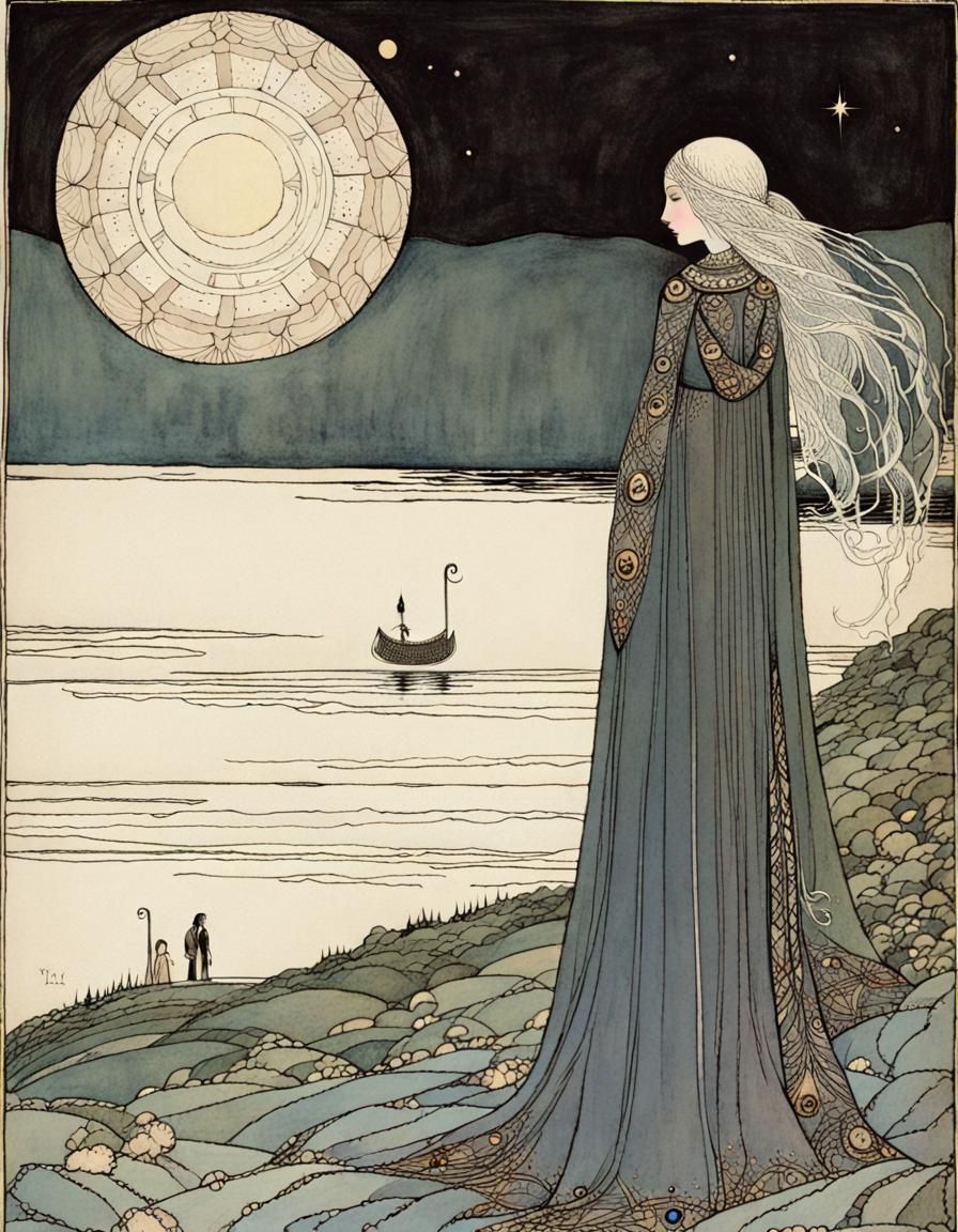 Lyra and Daemon Walk Into the Sky: Art Nouveau Illustration