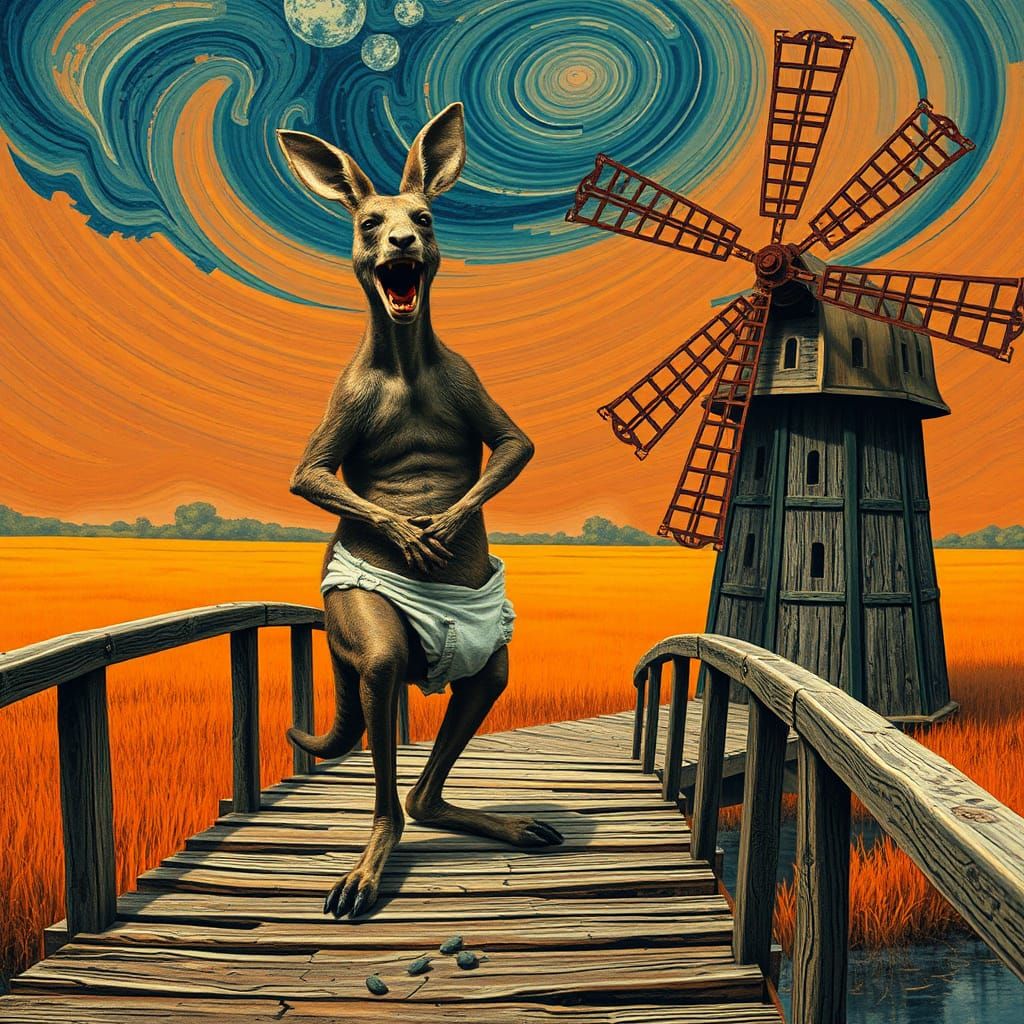 Psychedelic Kangaroo's Silent Scream in Surreal Landscape