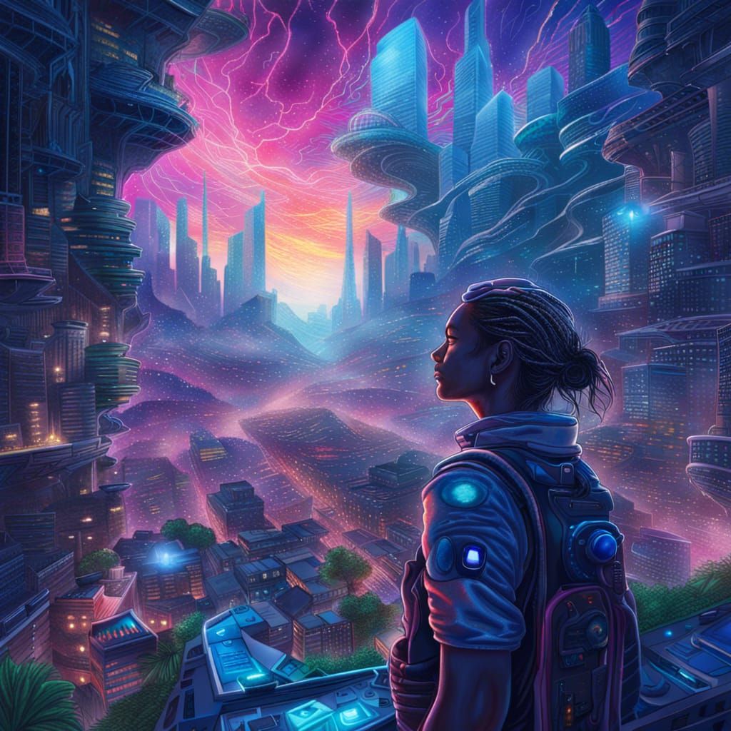 Astronaut Soaring Above Cyberpunk City in Holographic Style