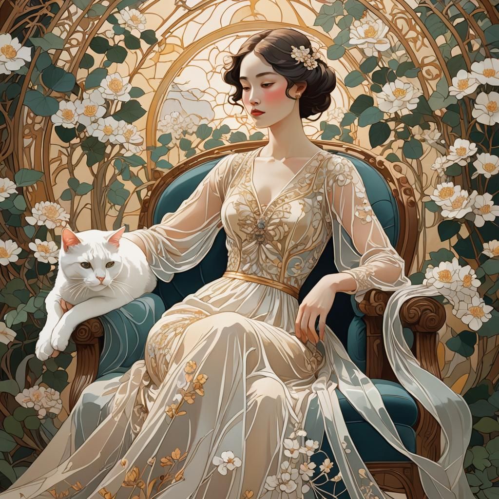 Elegant Lady with Cat in Art Nouveau Style