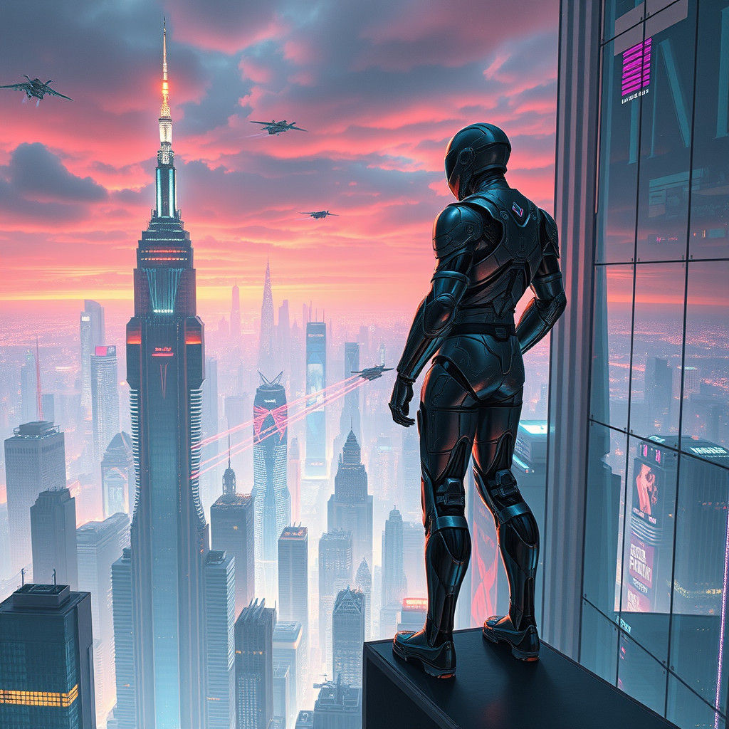 Cybernetic Hero Gazing Over Futuristic Metropolis