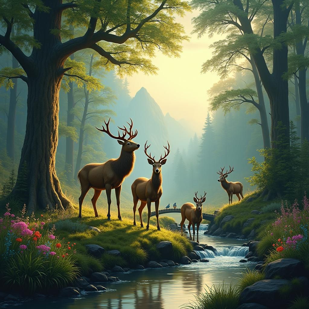 Deer Family in Forest at Dawn, Fantasy Art