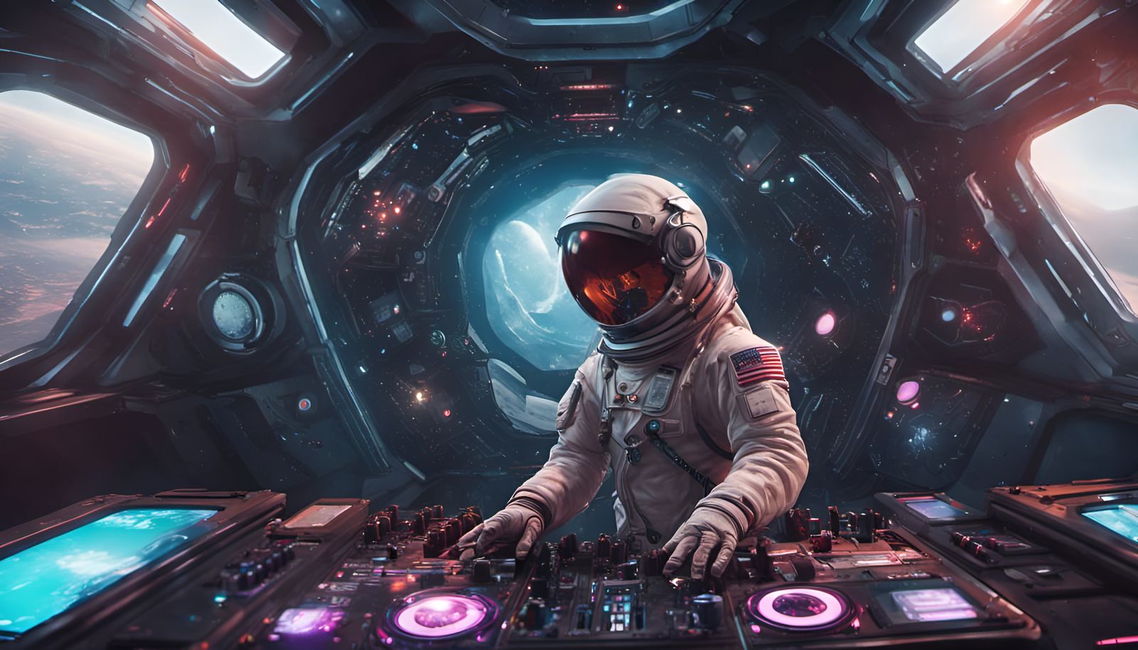 Astronaut DJing in Spaceship: Detailed Concept Art