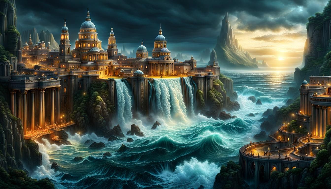 Epic Fantasy City with Waterfalls in Digital Painting