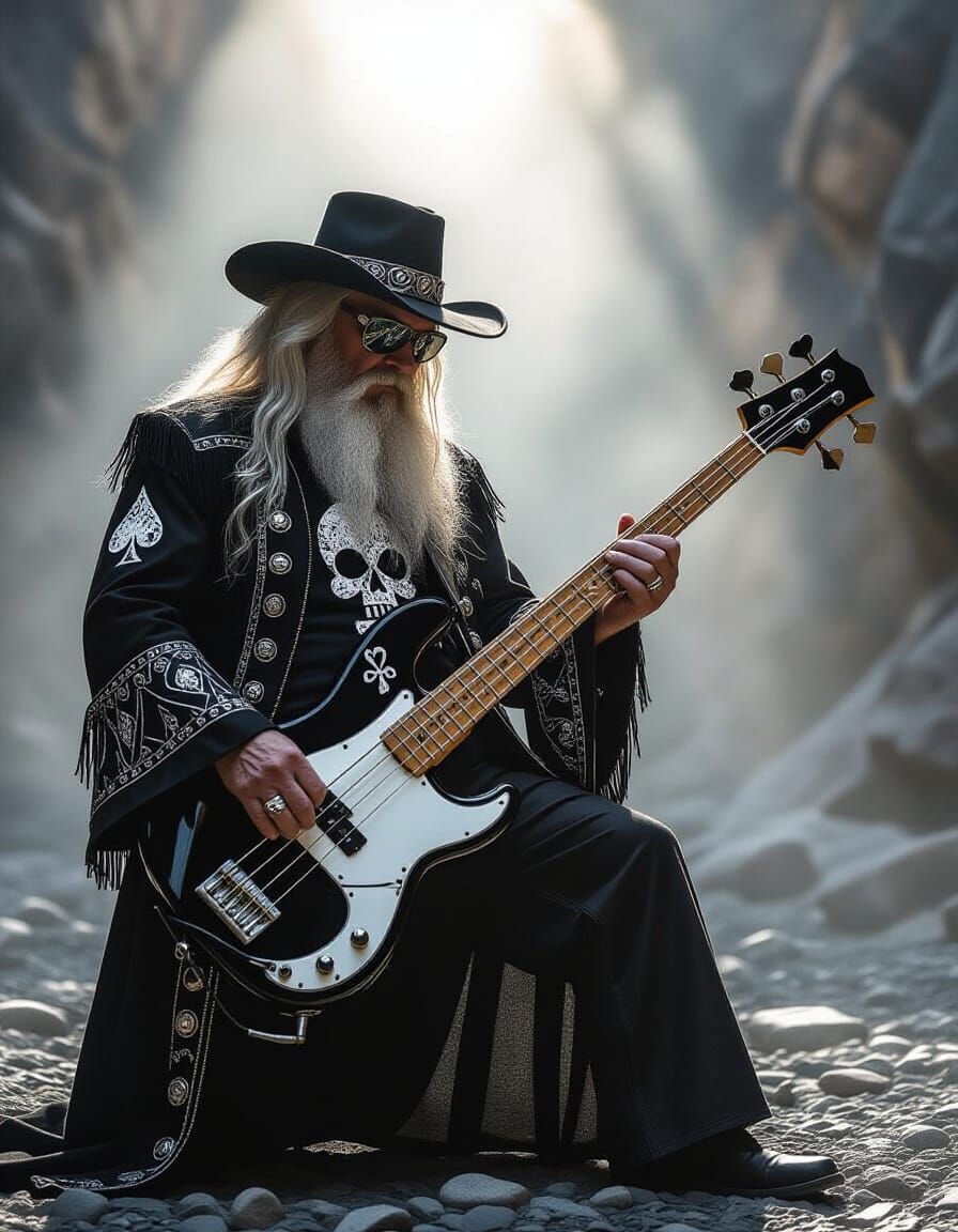 Biker Plays Ace of Spades Bass in Foggy Canyon