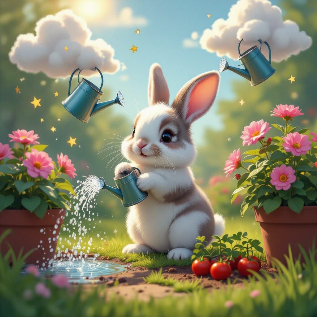 Cute Silky Rabbit Watering Magical Garden