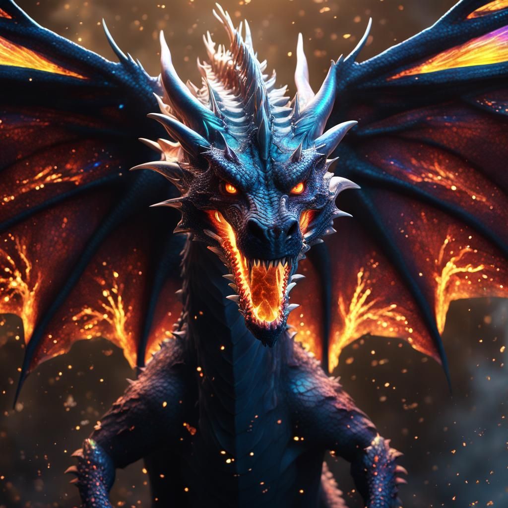 Detailed Snarling Dragon with Iridescent Stars