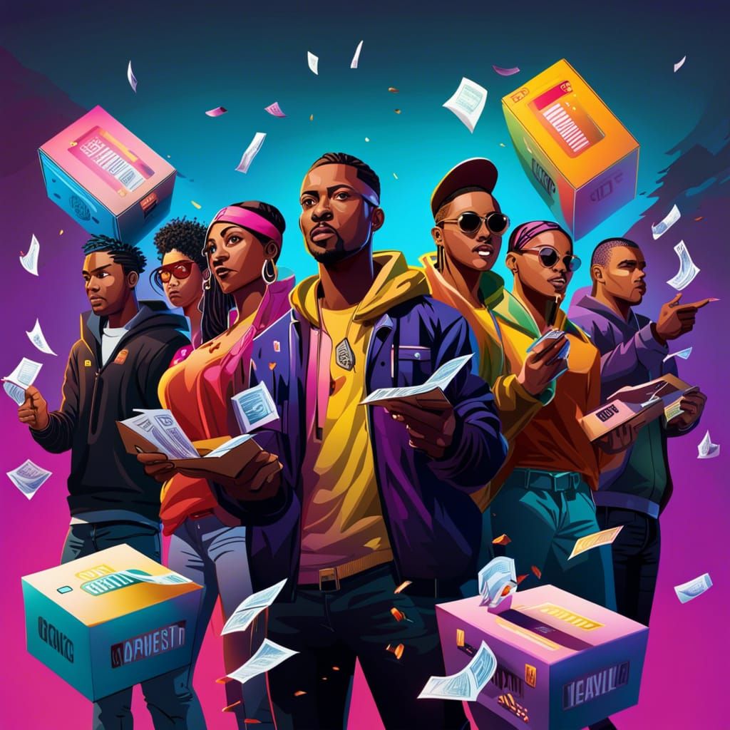 Hyperrealistic Gang Holding Open Boxes with Leaflets