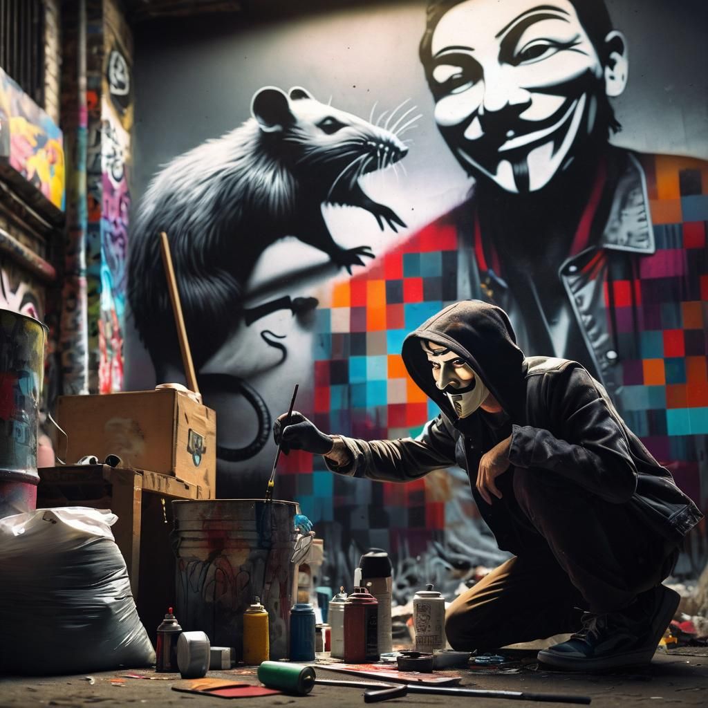 : Street art scene with Banksy wearing a fake mustache painting a street artwork in urban stencil art style