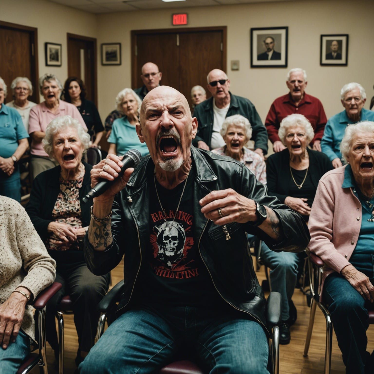 GG Allin screaming into a microphone in front of a group of exited senior citizens who sit in chairs in their nursing ho...