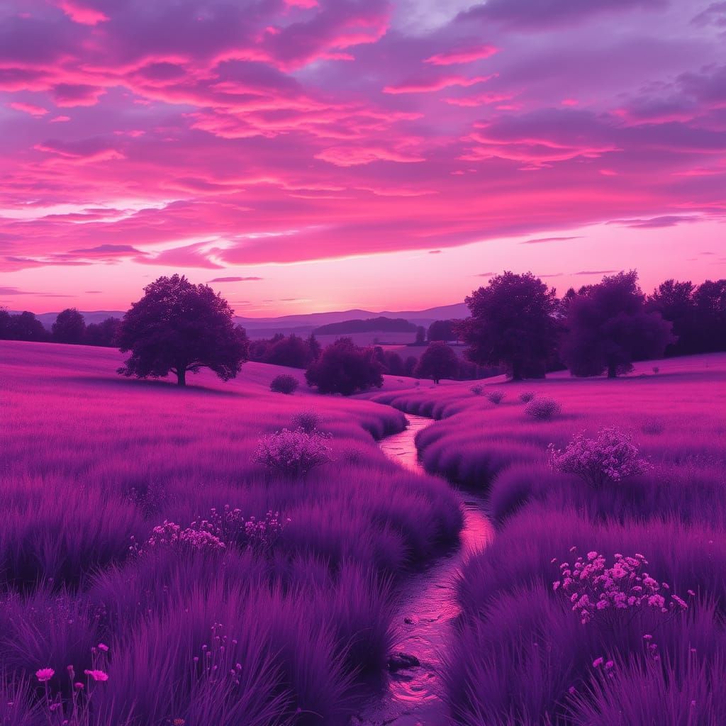 Vibrant Purple and Pink Countryside Sunset