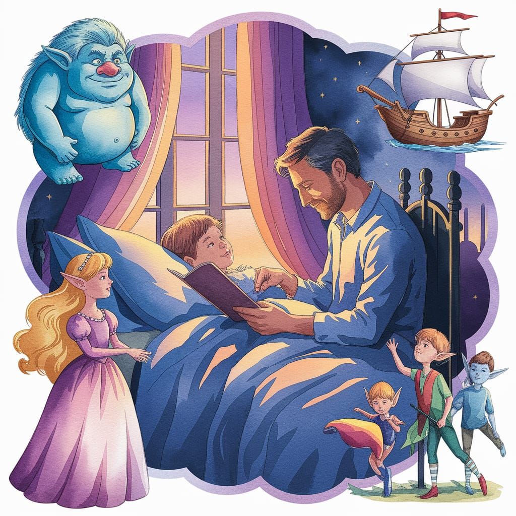 Father's Bedtime Story in Impressionist Watercolor