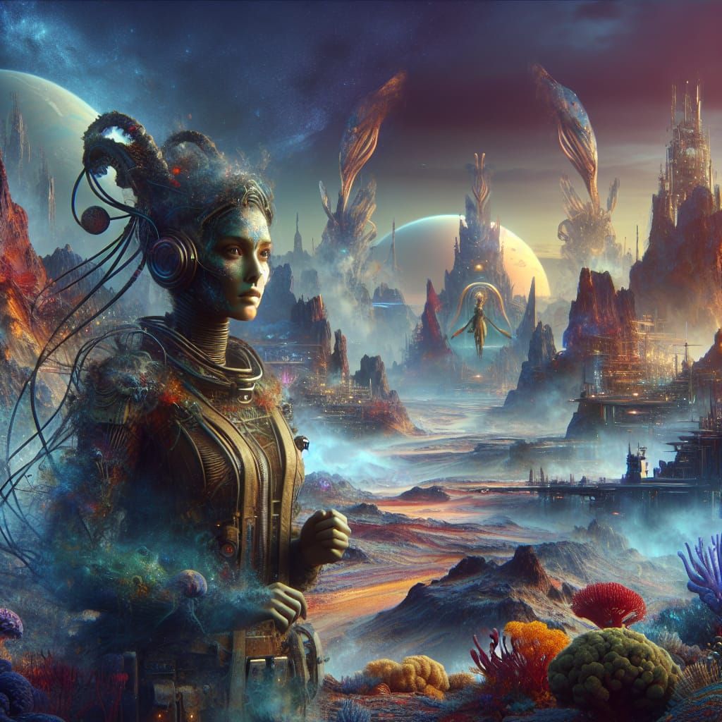 Alien Explorer on Exotic Planet as Matte Painting