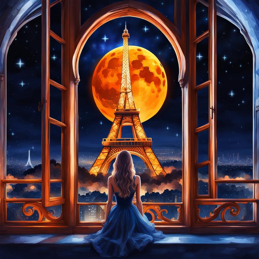 Mystical Girl Gazing at Magical Orange Eiffel Tower