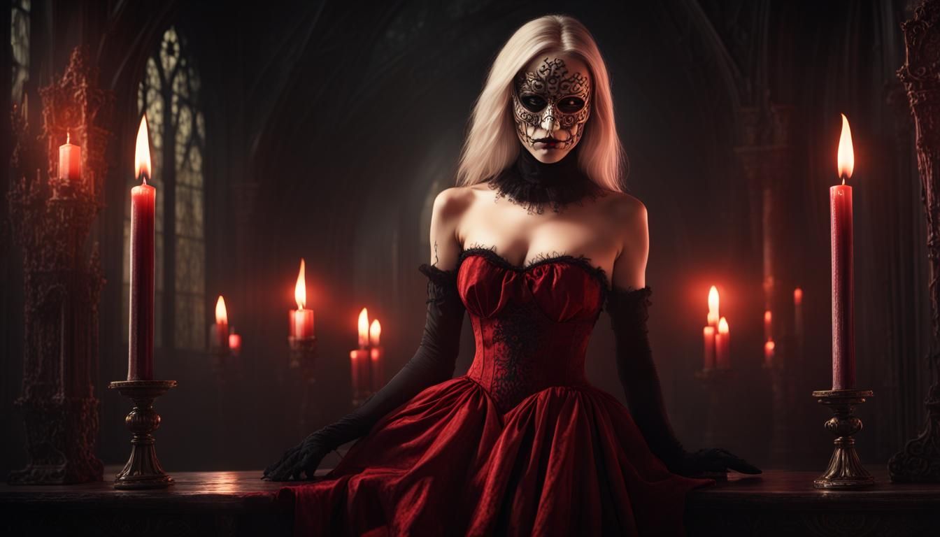 Sensual Blonde Woman as Red Death in Gothic Style