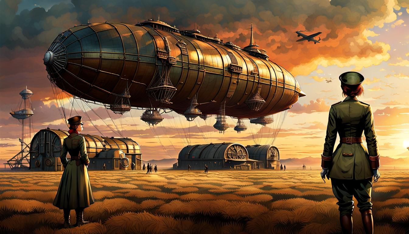Steampunk Victorian Military Base at Sunset