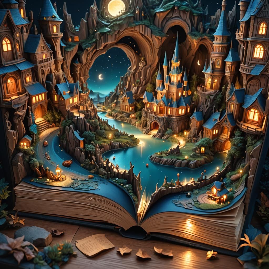 Miniature Fantasy World Carved into Open Book