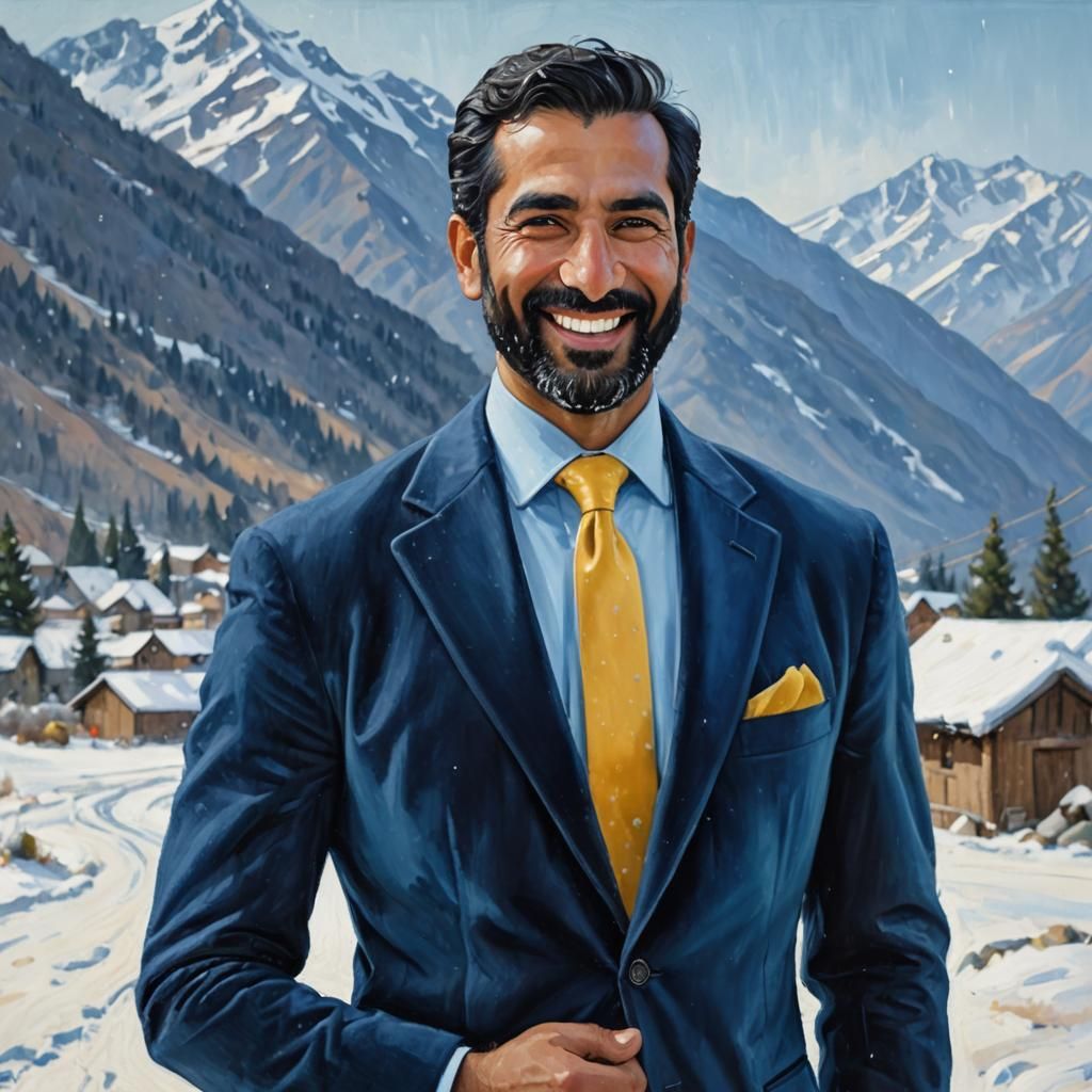 Snowy Mountain Man in Velvet Suit: Impasto Painting