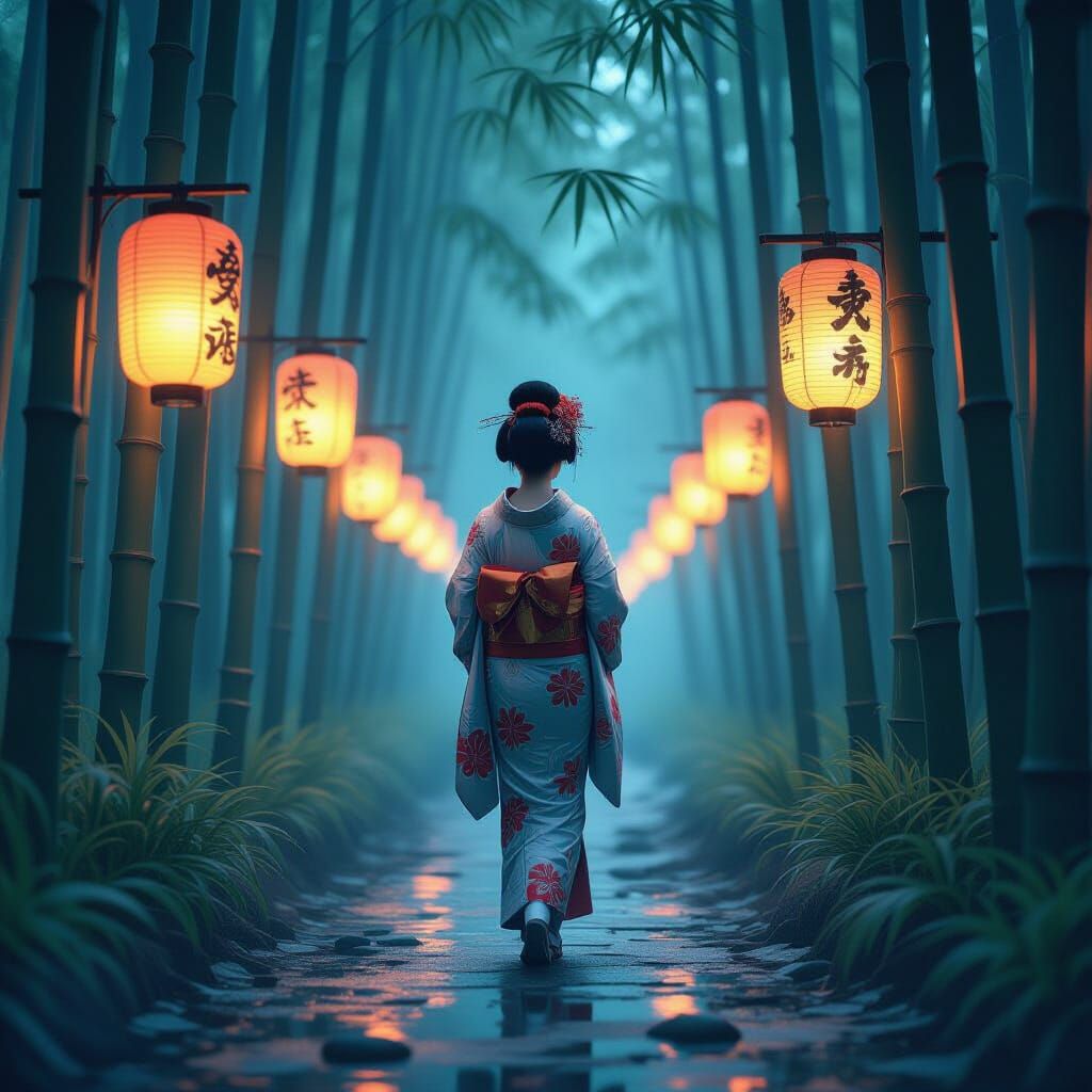 Geisha in Bamboo Forest: Woodblock Print Style