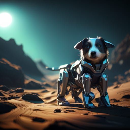 Border Collie Robot Puppies on Mars in Sci-Fi Style