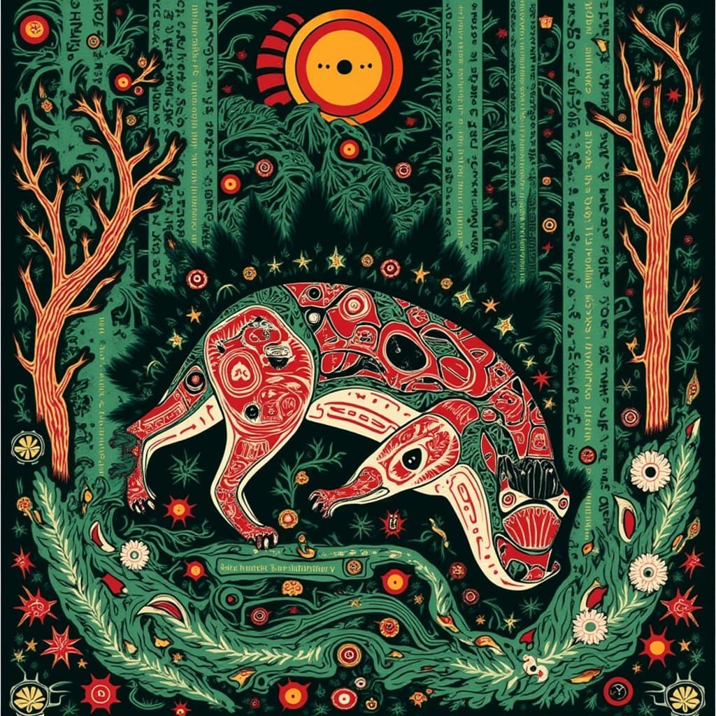 <lora:Haida Style:1.0> A Haida style picture of a  badger in a lush green forest. Extraordinary intricate details Sharp ...