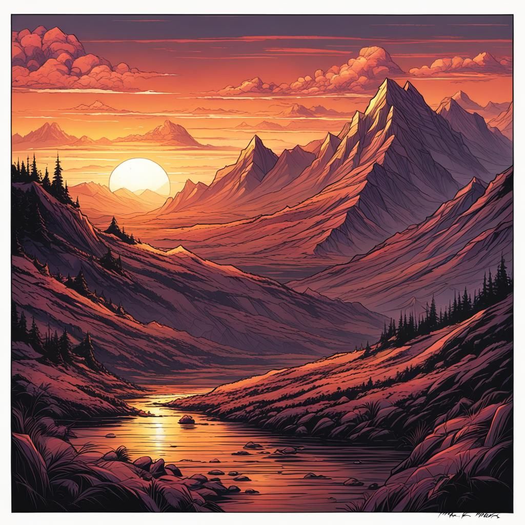 Majestic Mountains Meet Sunset: Comic Book Art