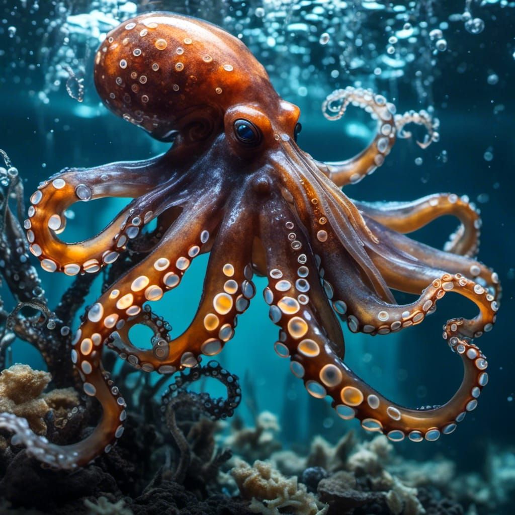 Bioluminescent Glass Octopus in Hyperreal Underwater Scene