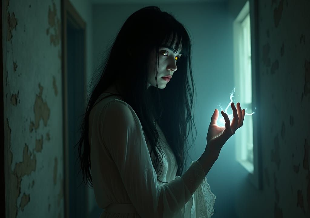 Hauntingly Beautiful Ghoul in Dimly Lit Room