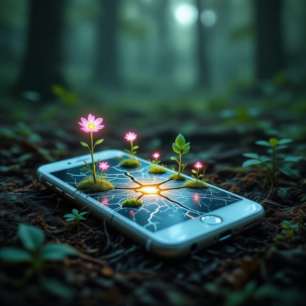 Cracked Smartphone Becomes Magical Seed of Nature Reborn