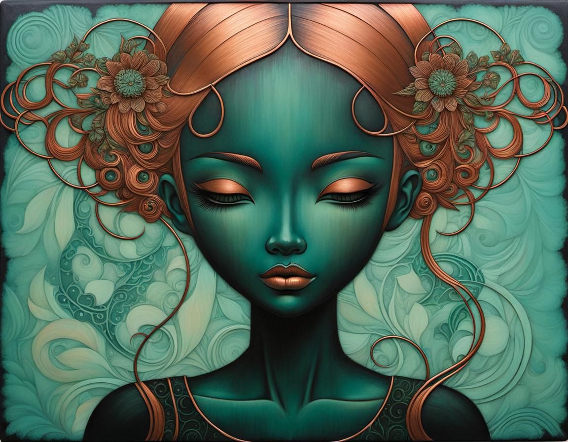 Copper Girl with Verdigris Patina, in Encaustic Style