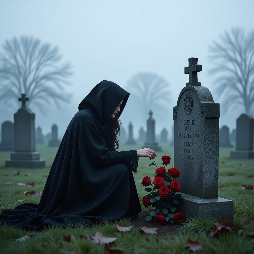 Woman in Black Cloak Kneeling at Grave with Red Roses