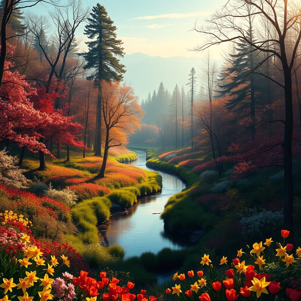 Springtime Forest Landscape in Vibrant Colors