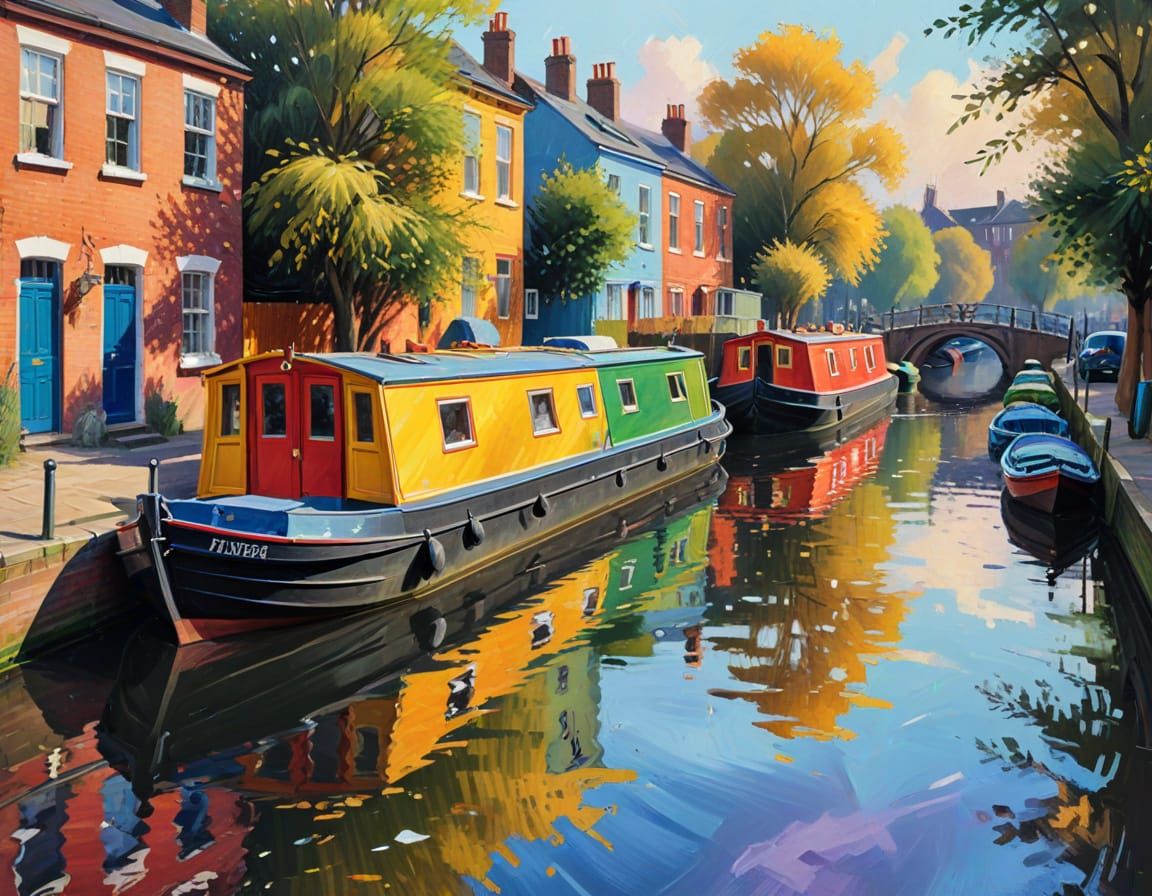 Colorful Houseboats on Regent's Canal as Oil Painting