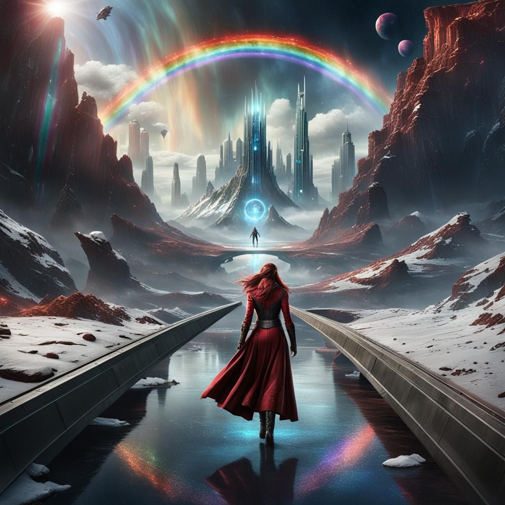 Deadpool, Scarlet Witch, and Viking on Bifrost