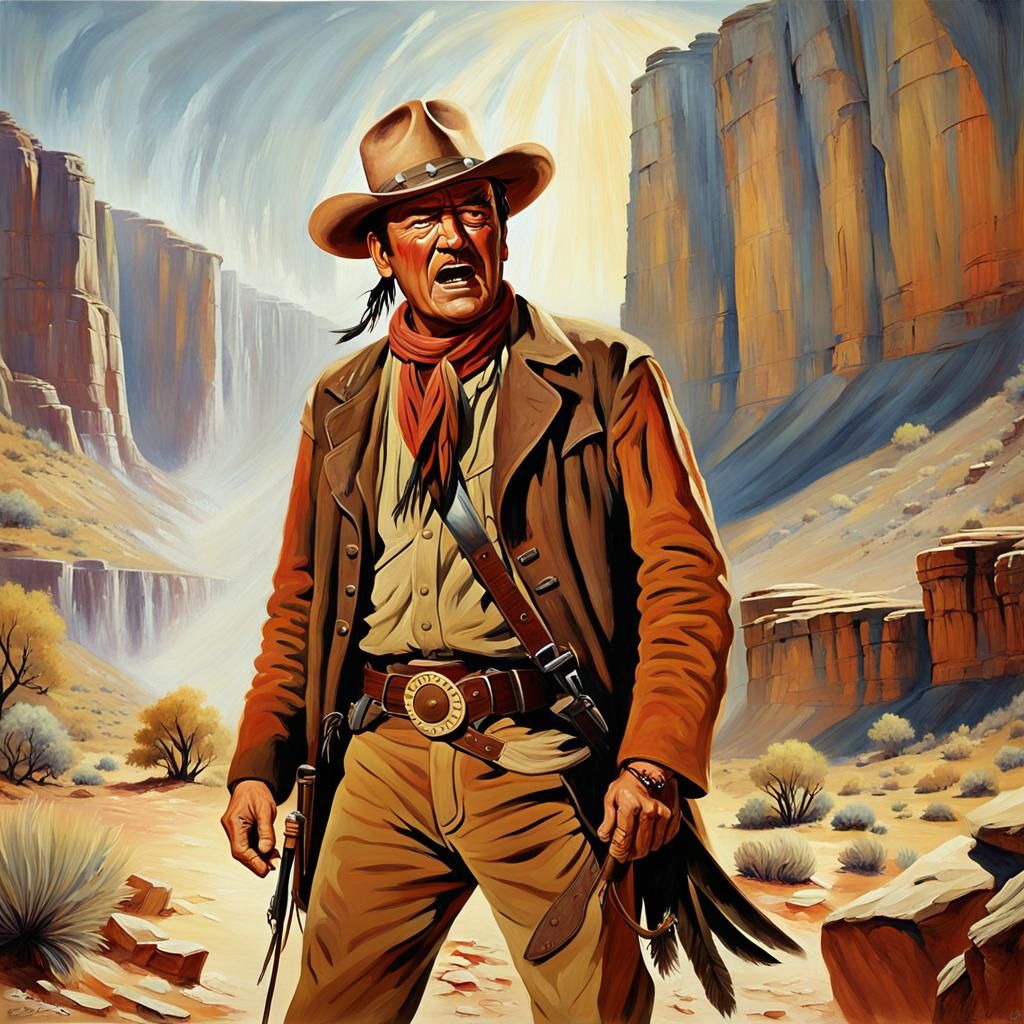 Western Film Still: John Wayne and Geronimo in Canyon