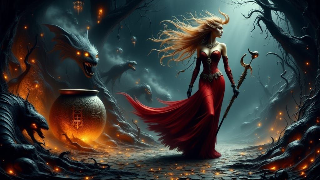 Mystical Sorceress Casting Spells in a Dark Cave