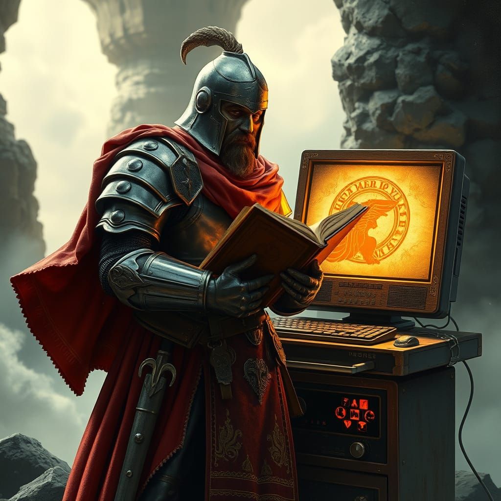 Medieval Knight Meets Modern Computer in Fantasy-Tech Fusion